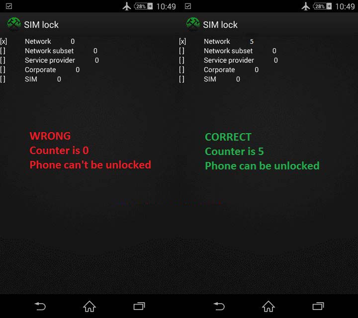 Sony and NTT Docomo Sim Unlock Counter Detail