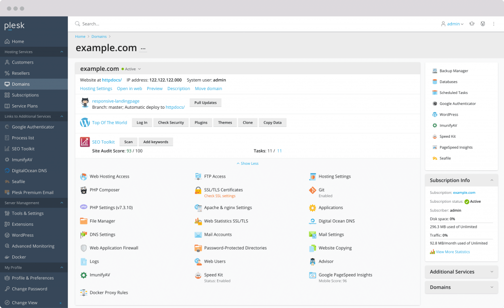 Plesk panel interface